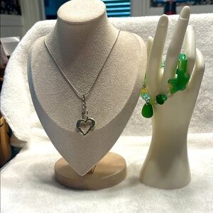 Silver Heart Necklace and Green beach glass Bracelet Set